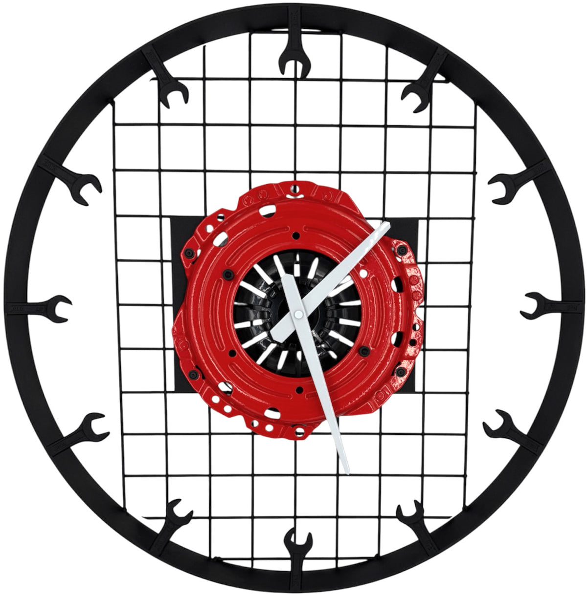 Horloge murale ronde en chêne, 50 cm, cadre noir, graduations chiffrées, "MY GARAGE, MY RULES"