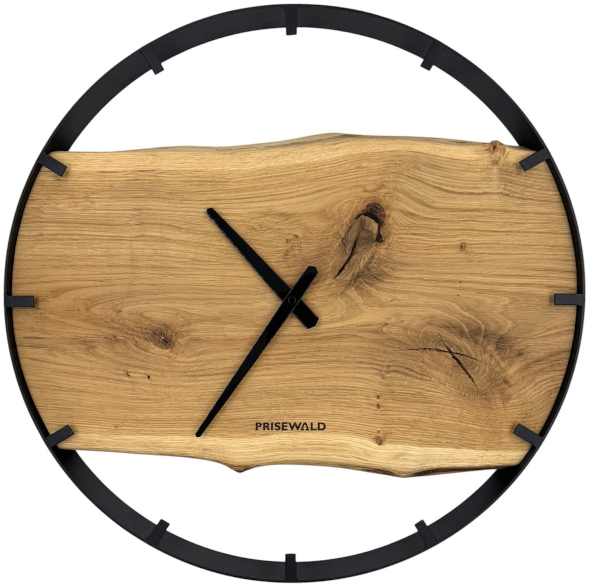 Horloge murale ronde en chêne, 50 cm, cadre noir, graduations chiffrées, plantes
