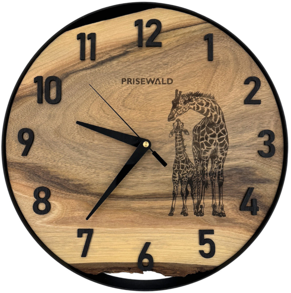 Runde Wanduhr aus Walnussholz, 35 cm, schwarzer Rahmen, arabische Ziffern, Giraffen