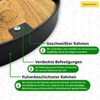 Runde Wanduhr aus Walnussholz, 35 cm, schwarzer Rahmen, teilstriche Ziffern, rosa Epoxidharz, rosa Moos, Steine