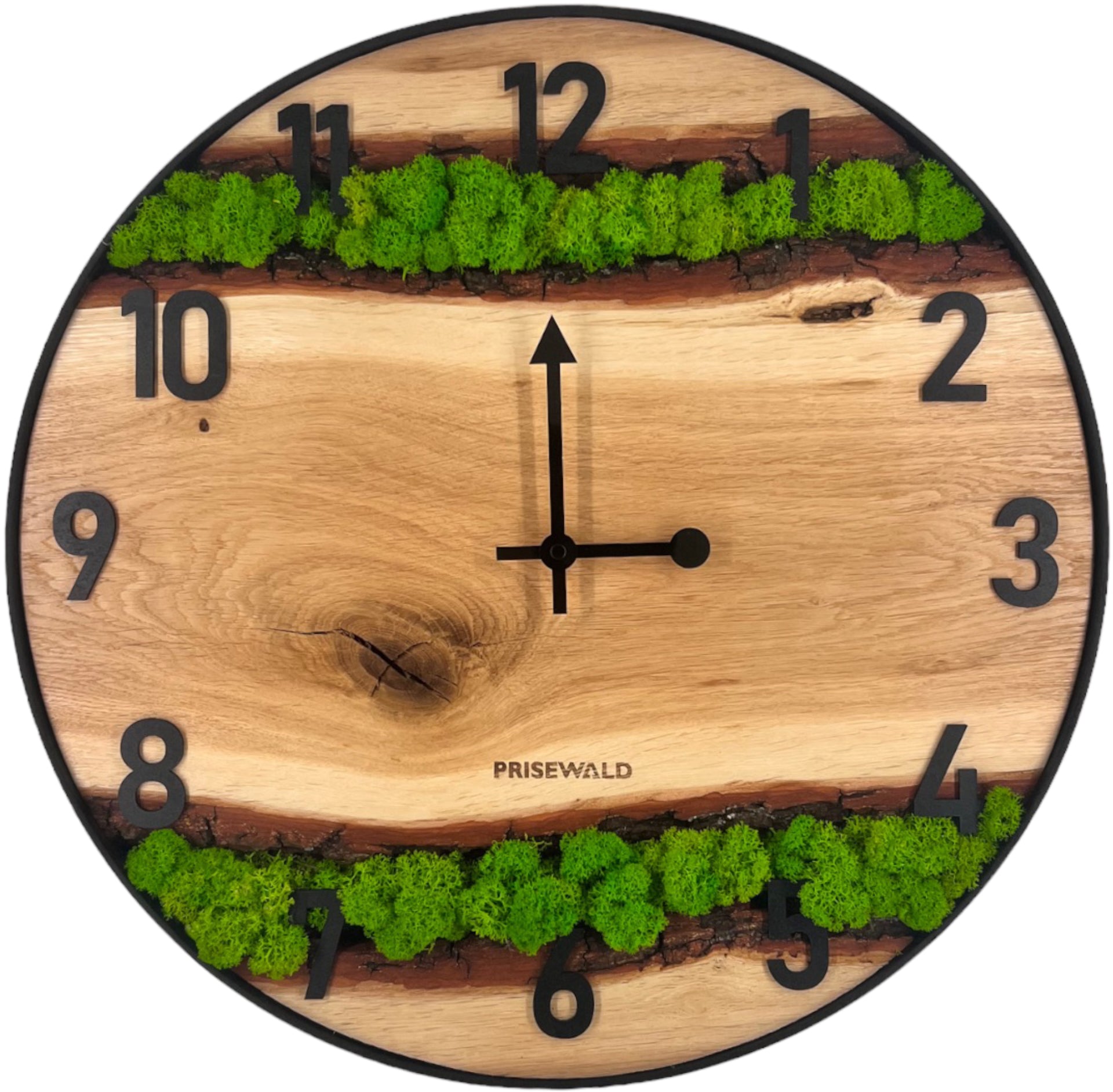Runde Wanduhr aus Eichenholz, 50 cm, schwarzer Rahmen, arabische Ziffern, grünes Moos