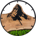 Runde Wanduhr aus Walnussholz, 50 cm, schwarzer Rahmen, Teilstriche Ziffern, grünes Moos, Matterhorn,
