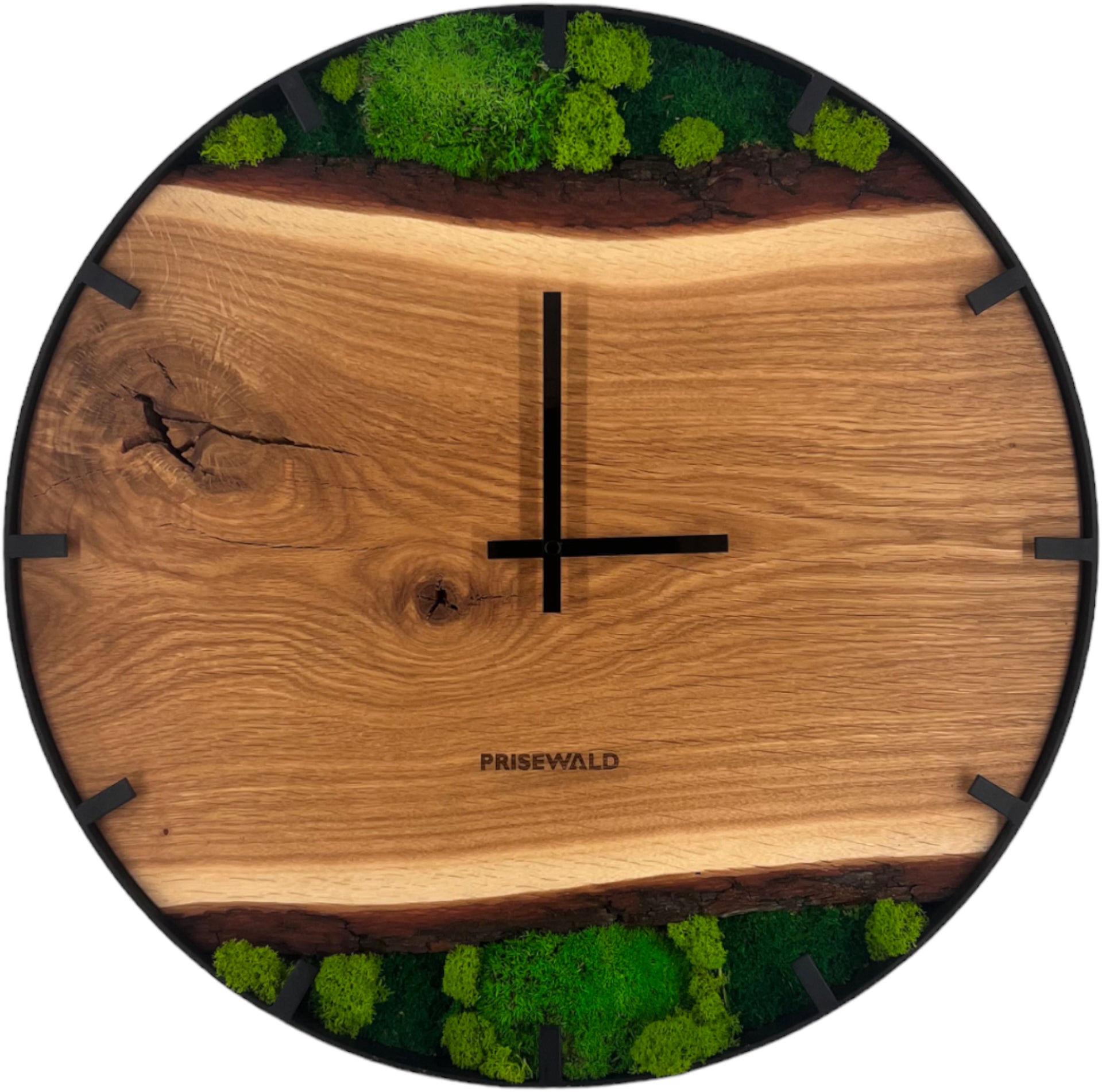 Runde Wanduhr aus Eichenholz, 50 cm, schwarzer Rahmen, Teilstriche Ziffern, grünes Moos