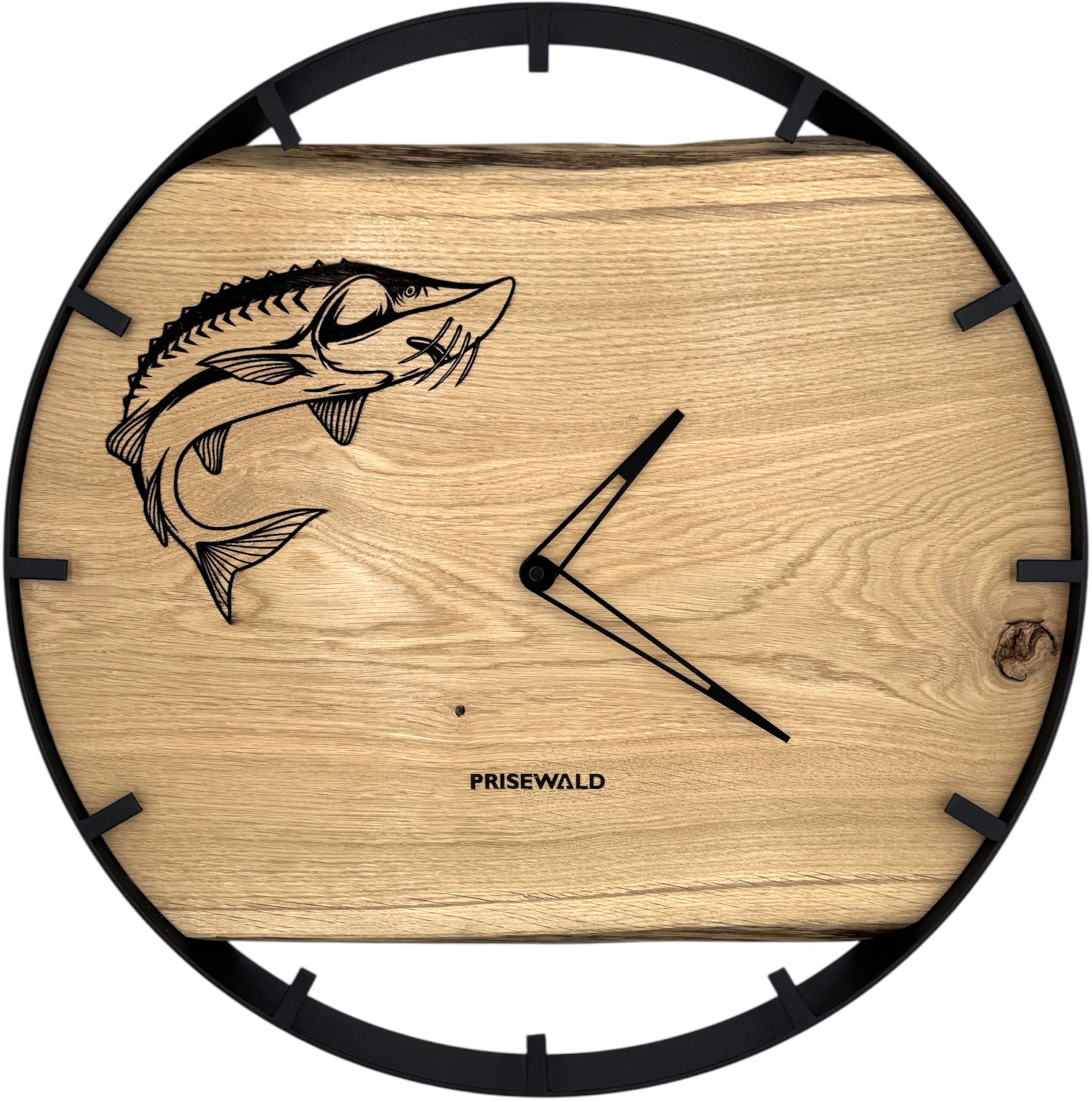 Runde Wanduhr aus Eichenholz, 50 cm, schwarzer Rahmen, Teilstriche Ziffern, Stör