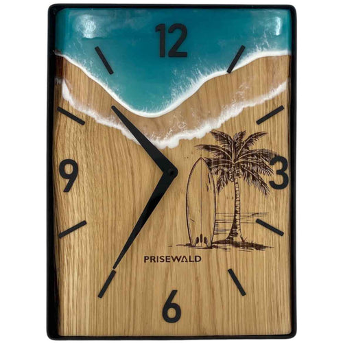 Rechteckige Wanduhr aus Eichenholz, 35 cm, schwarzer Rahmen, arabische Ziffern, türkises Epoxidharz, Surfbrett und Palme