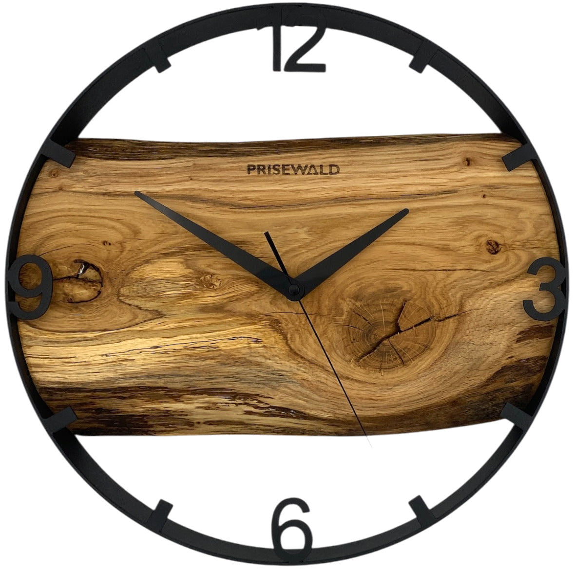 Runde Wanduhr aus Eichenholz, 35 cm, schwarzer Rahmen, arabische Ziffern