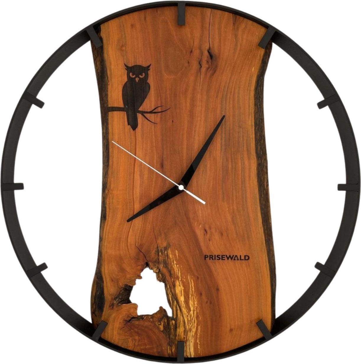 Runde Wanduhr aus Apfelholz, 50 cm, schwarzer Rahmen, Teilstriche Ziffern, Eule auf einem Baum - PRISEWALD