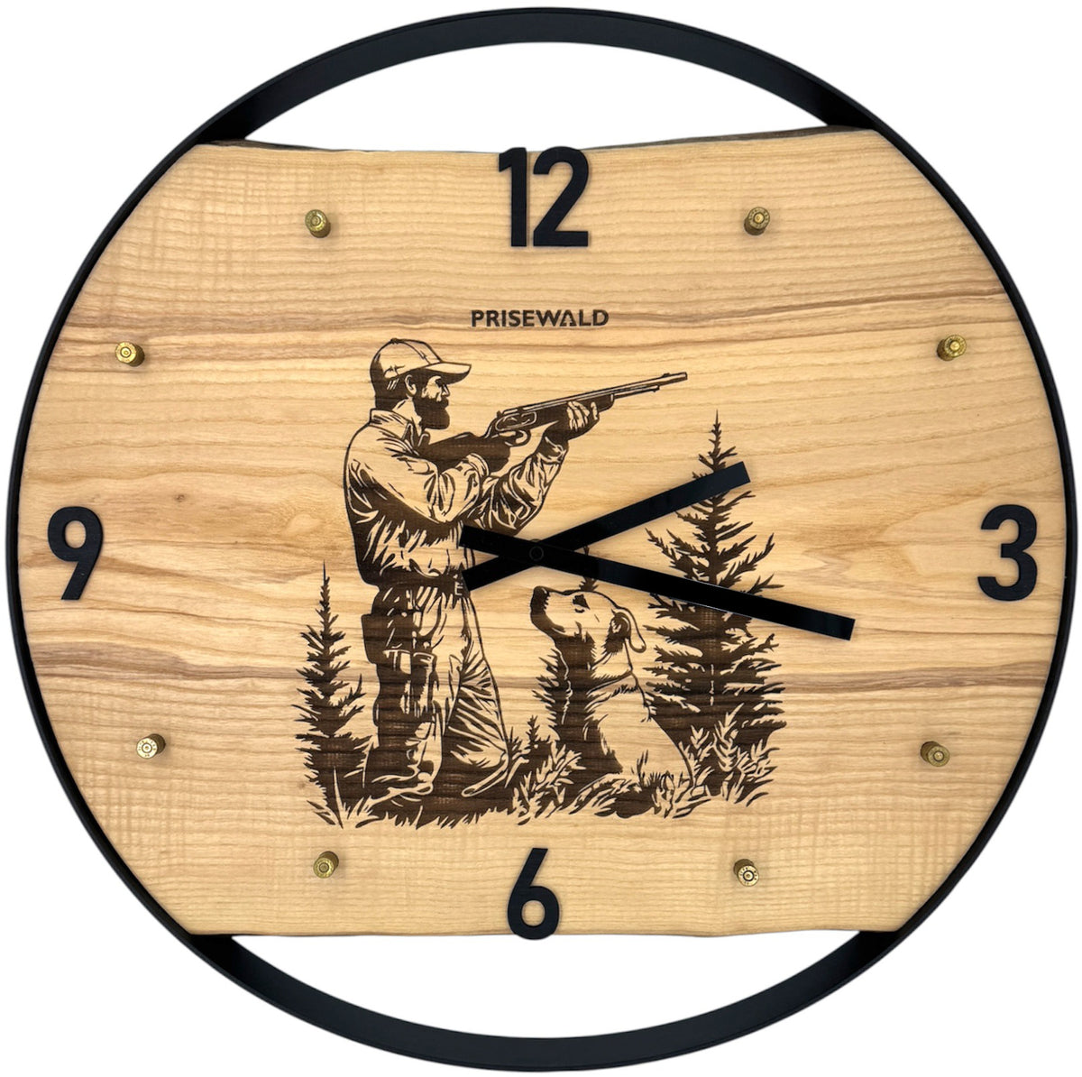 Round wall clock made of ash wood, 50 cm, black frame, Arabic numerals