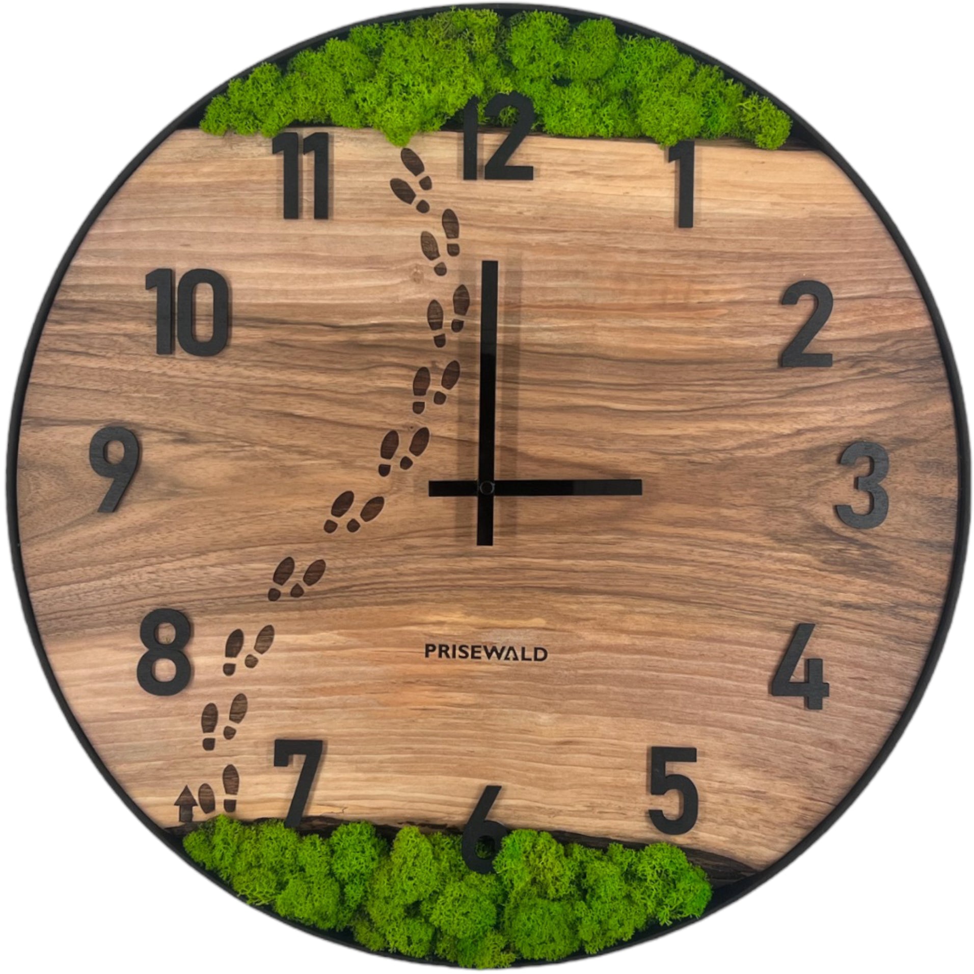 Runde Wanduhr aus Walnussholz, 50 cm, schwarzer Rahmen, arabische Ziffern, Fußabdrücke