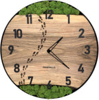 Runde Wanduhr aus Walnussholz, 50 cm, schwarzer Rahmen, arabische Ziffern, Fußabdrücke