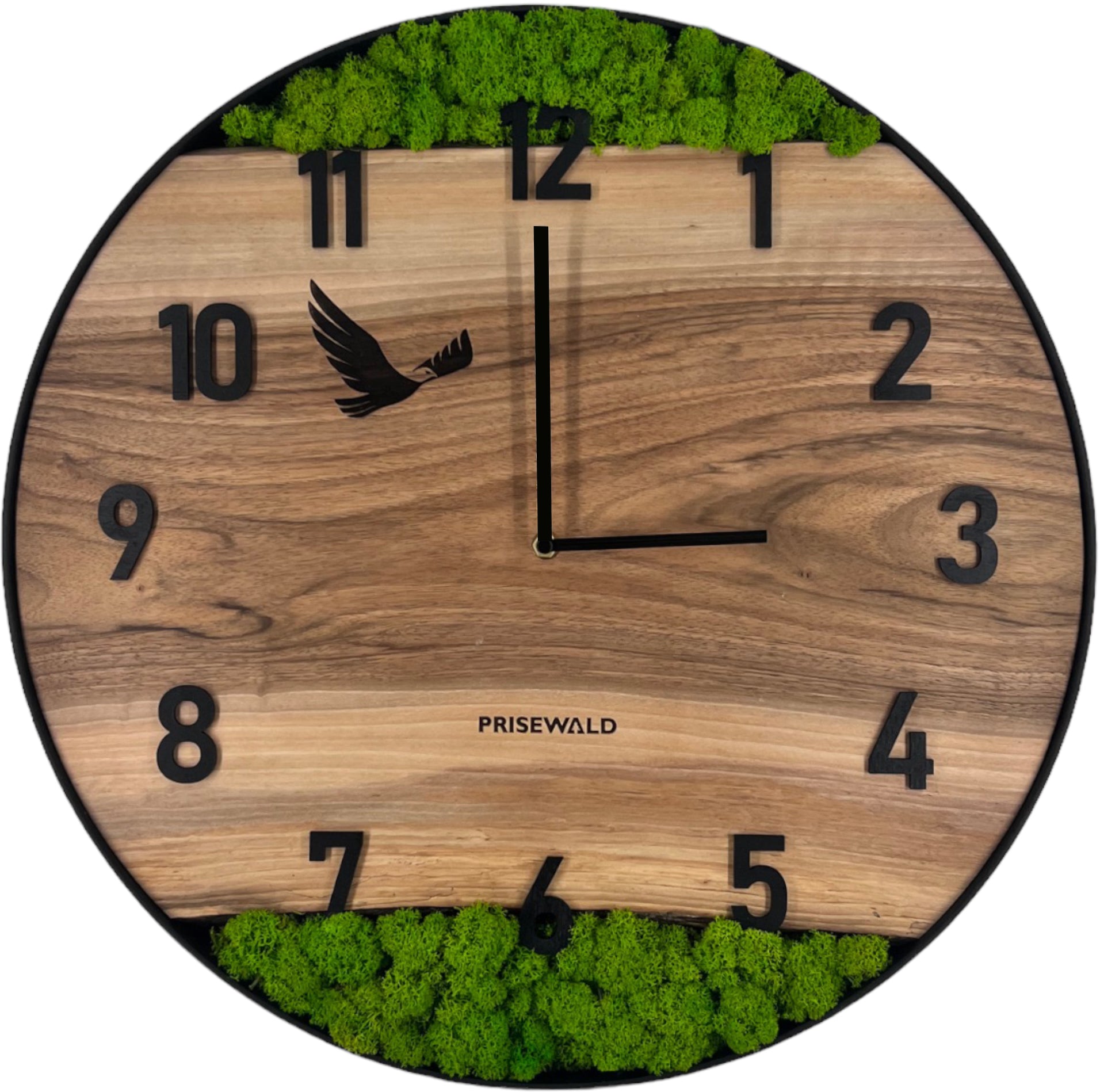 Runde Wanduhr aus Walnussholz, 50 cm, schwarzer Rahmen, Arabische Ziffern, grünes Moos, Adler