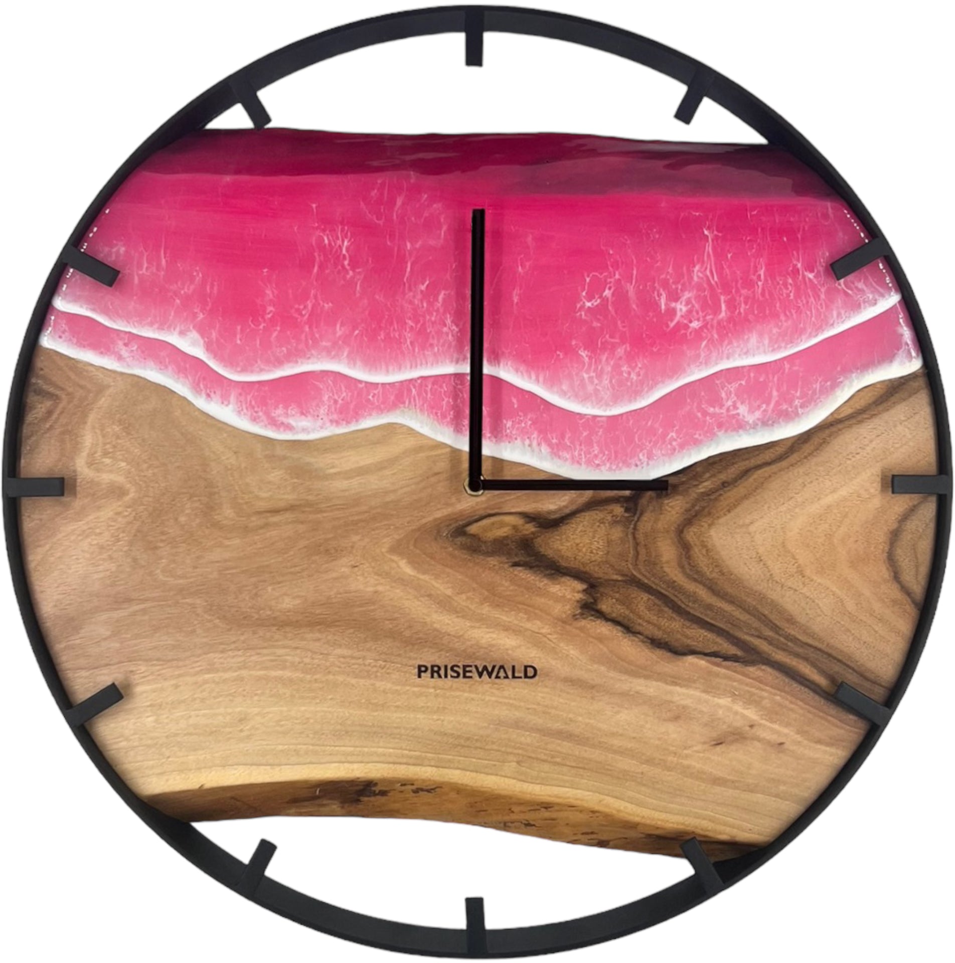 Runde Wanduhr aus Walnussholz, 50 cm, schwarzer Rahmen, Teilstriche Ziffern, rosa Epoxidharz