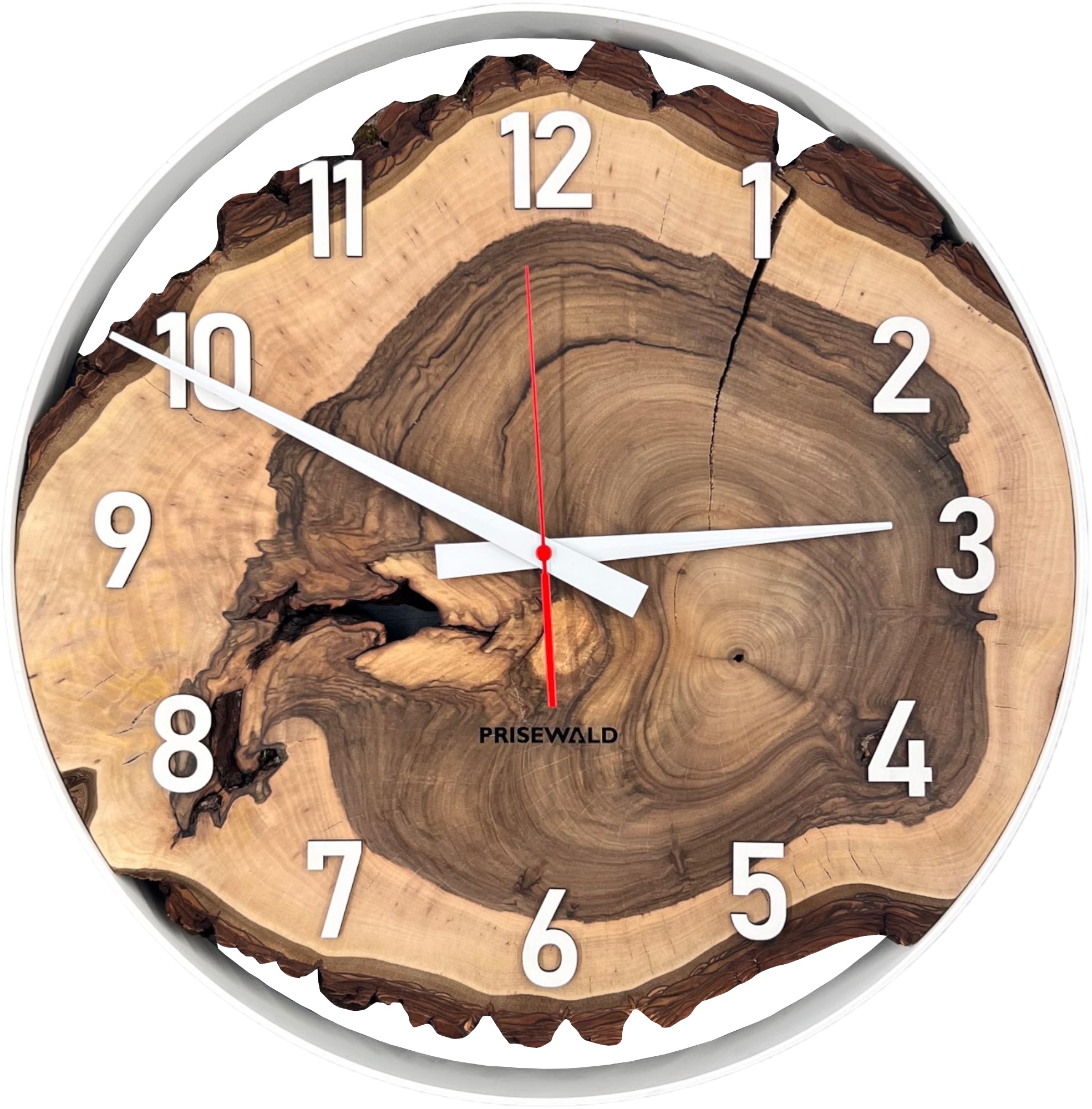 Runde Wanduhr aus Walnussholz, 50 cm, weisser Rahmen, weisse arabische Ziffern