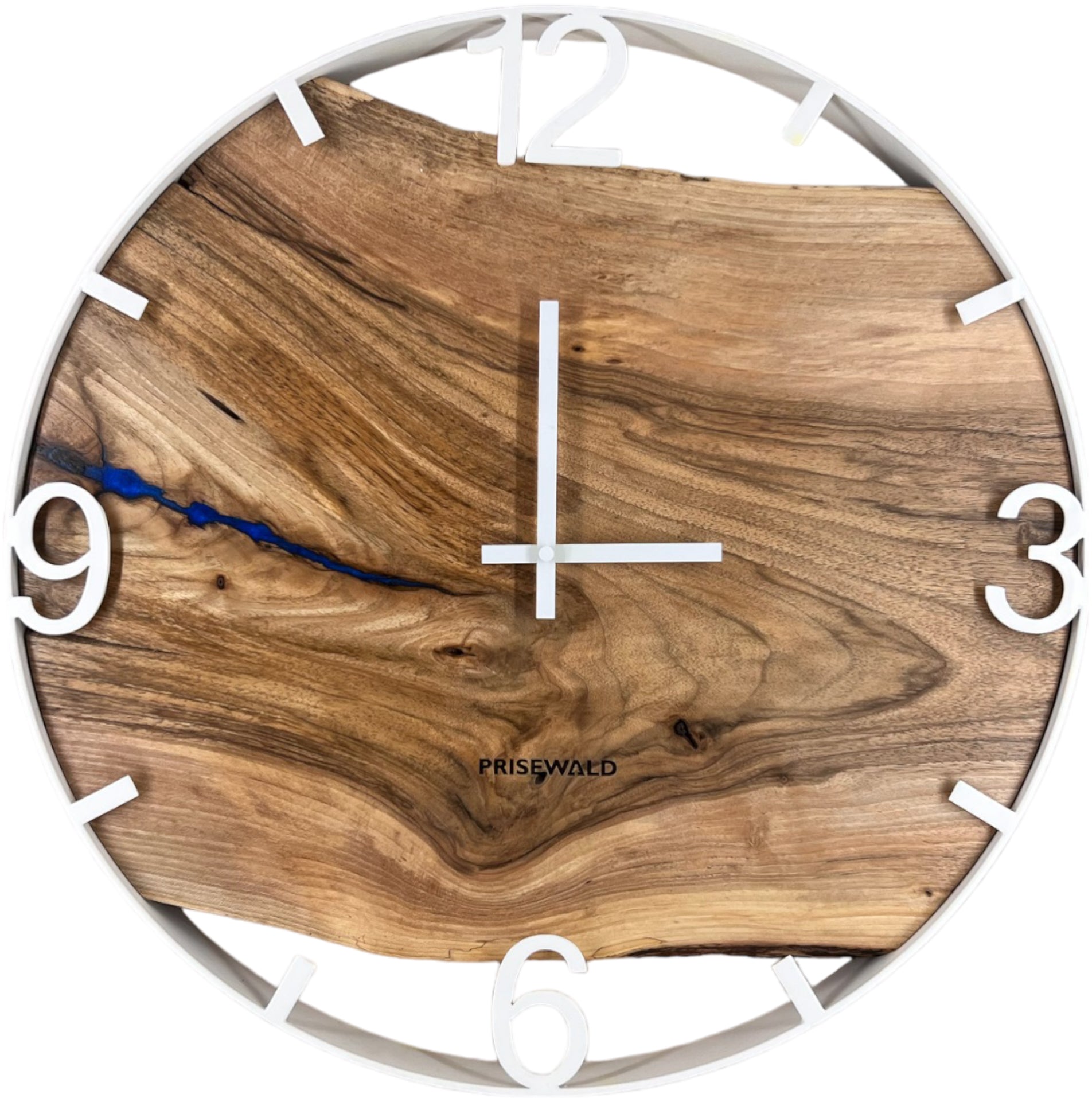 Runde Wanduhr aus Walnussholz, 50 cm, weisser Rahmen, arabische Ziffern, blaues Epoxidharz