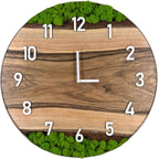 Runde Wanduhr aus Walnussholz, 50 cm, weisser Rahmen, arabische Ziffern, grünes Moos