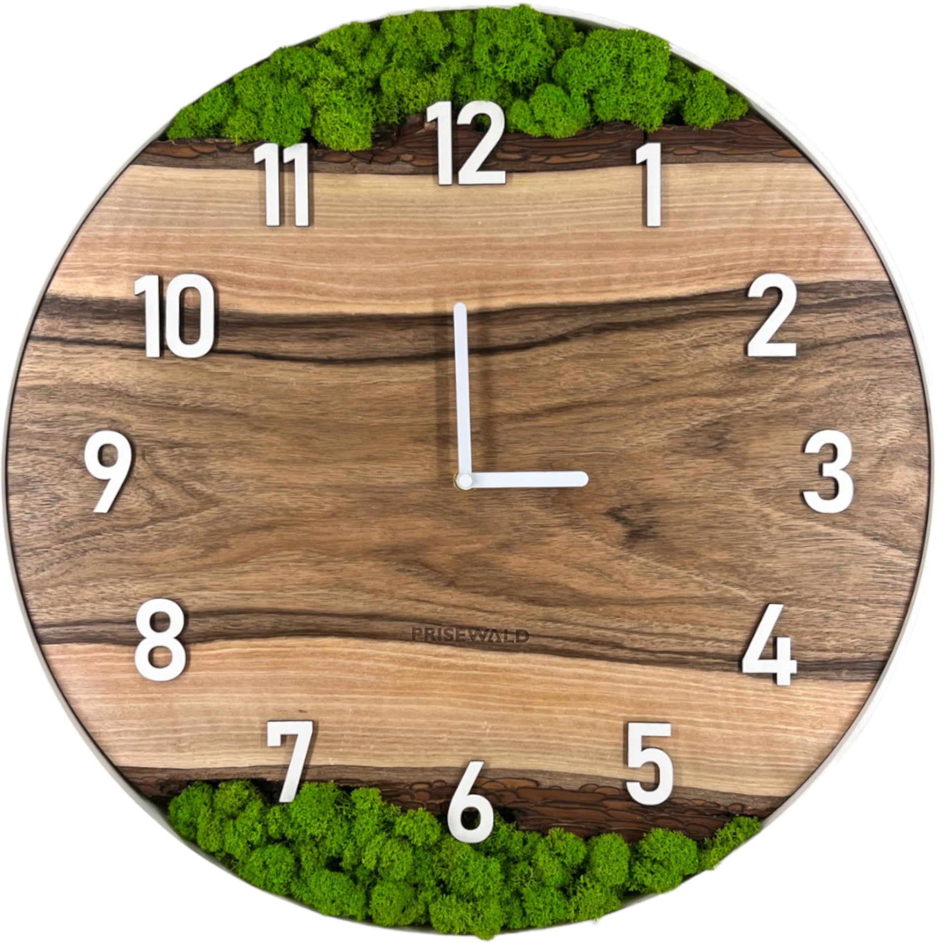 Runde Wanduhr aus Walnussholz, 50 cm, weisser Rahmen, arabische Ziffern, grünes Moos