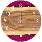 Runde Wanduhr aus Walnussholz, 50 cm, weisser Rahmen, weisse arabische Ziffern, rosa Moos - PRISEWALD
